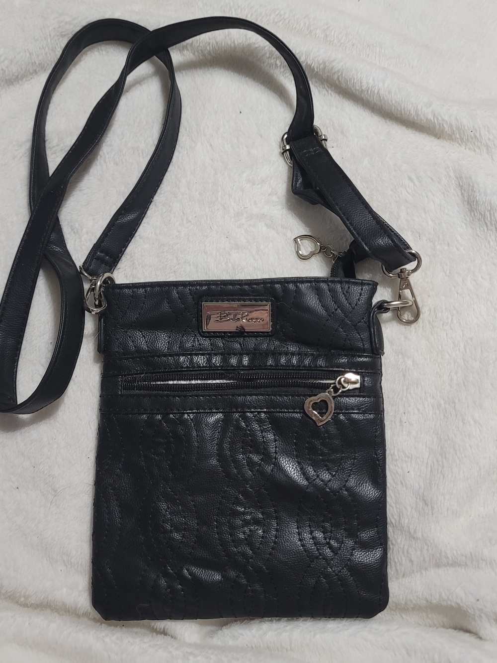 Bella Russo Black Quilted Faux Leather Crossbody Bag Heart Charm Small Messenger